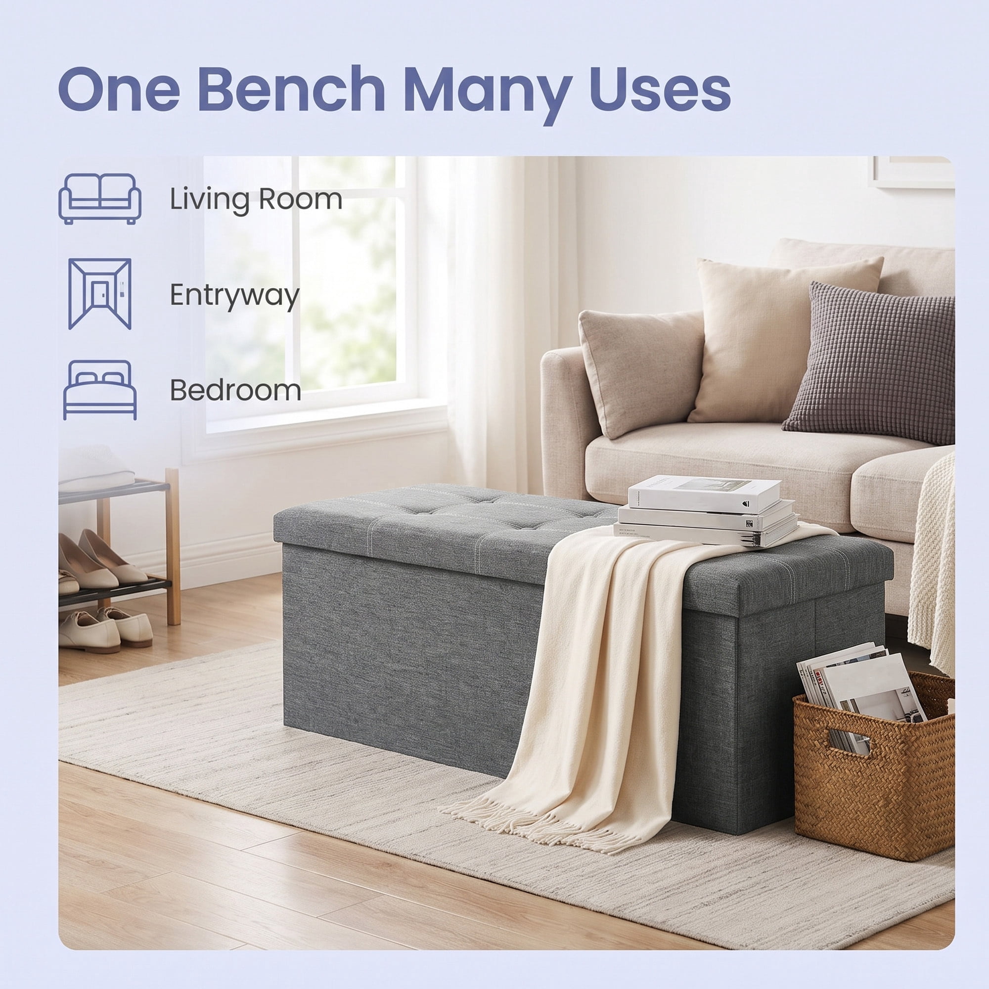 Ledrem 43" Foldable Storage Ottoman Bench, Multi-Functional Seating, Light Gray