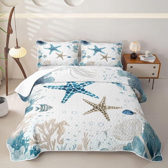 Manfei Kawaii Starfish Twin Quilt Set,Calm Sea Plant Twin Coverlet Set,White Blue,2-Piece