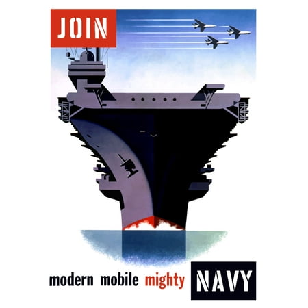 Overhead Mobile - Vintage World War II poster of an aircraft carrier with three planes flying overhead It reads Modern Mobile Mighty Join Navy Poster Print