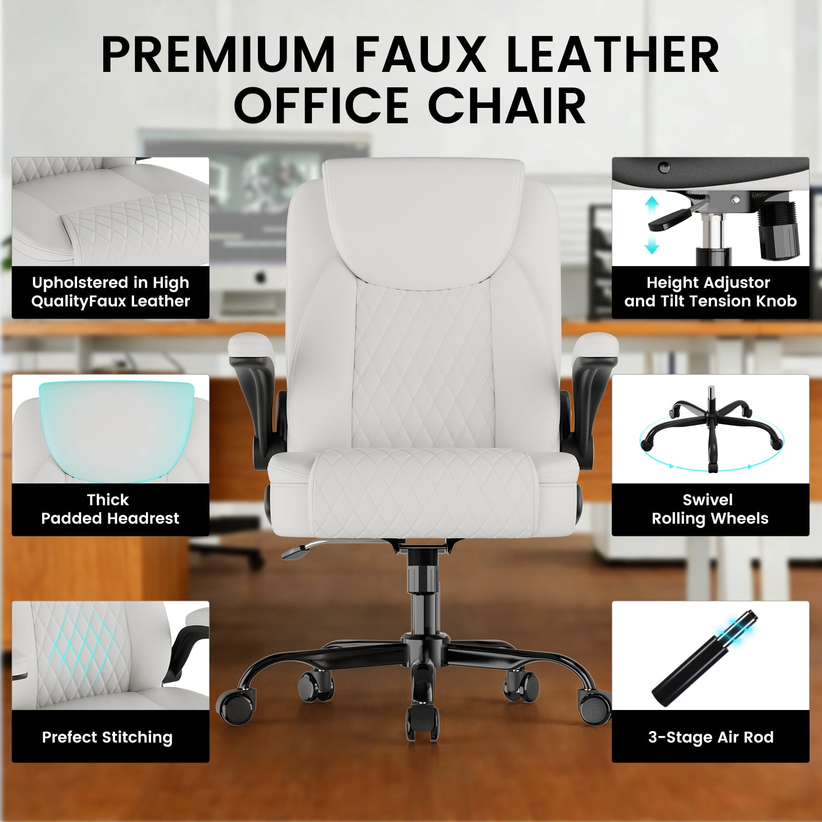 GTRACING Office Chair, 400LBS Big and Tall Home Office Chair Wide Seat Ergonomic Computer Desk Chair with Flip-up Arms, White