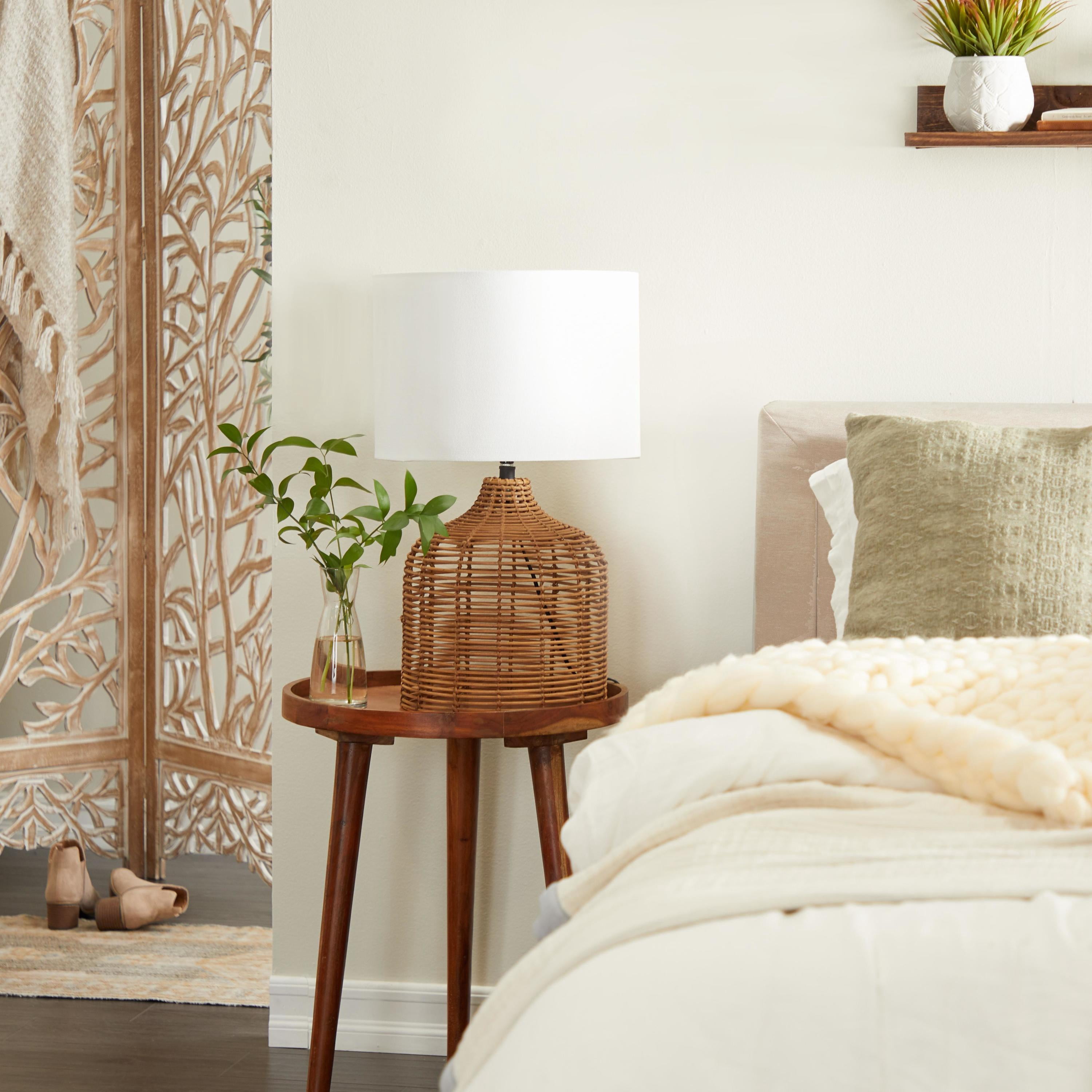 DecMode 25" Handmade Woven Brown Table Lamp with White Fabric Shade