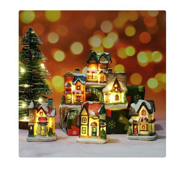 Visland Christmas Winter Village Houses, with LED Light Up, Mini Christmas Figurines Accessories for Villages Landscape Accessory Set