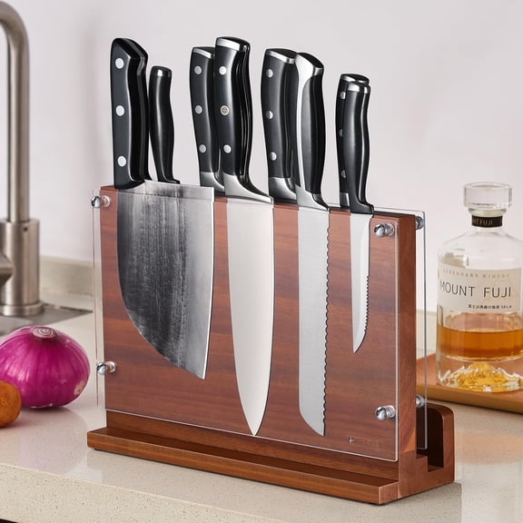 Magnetic Knife Block with Acrylic Shield 12 x 9 Inches, Double Side Kitchen Knife Holder without Knives- Acacia Wood Universal Knife Storage Organizer with Powerful Magnet for Kitchen Counter