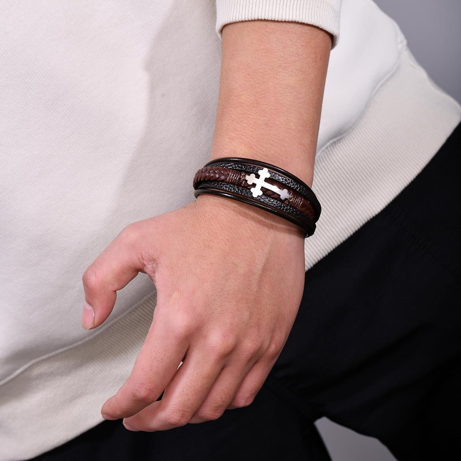 Mens Leather Cross Bracelet Multi-Layer Braided Faith Bracelet Religious Wristband Father's Day Birthday Jewelry Gifts for Men 8.5" Stainless Steel Buckle Bangle