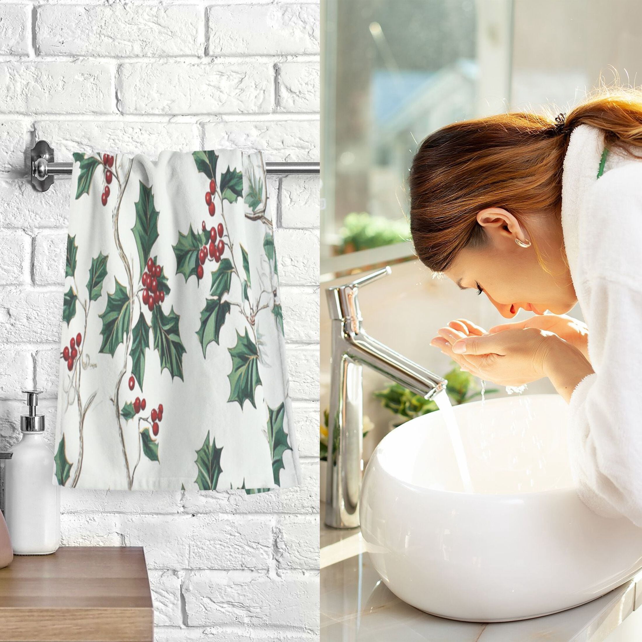 2 Pcs Absorbent Face Towel Bath Hand Towels Soft Breathable Cotton Towel Set for Bathroom Kitchen Hotel Spa Decor Holly Leaves and Berries