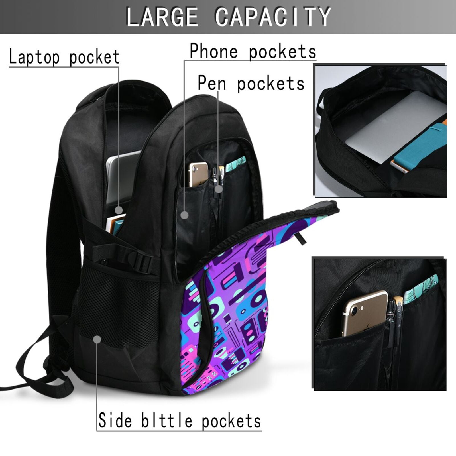 Music Party Audio Neon Night Laptop Backpack with USB Charging Headphone Port Casual Daypack Bag College Business Travel
