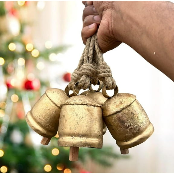 4 inch Giant Harmony Cow Bells Huge Vintage Handmade Rustic Lucky Christmas Hanging Jingle Bells (Country Rustic, Large) Set of 4 Handmade Bells with Jute Rope