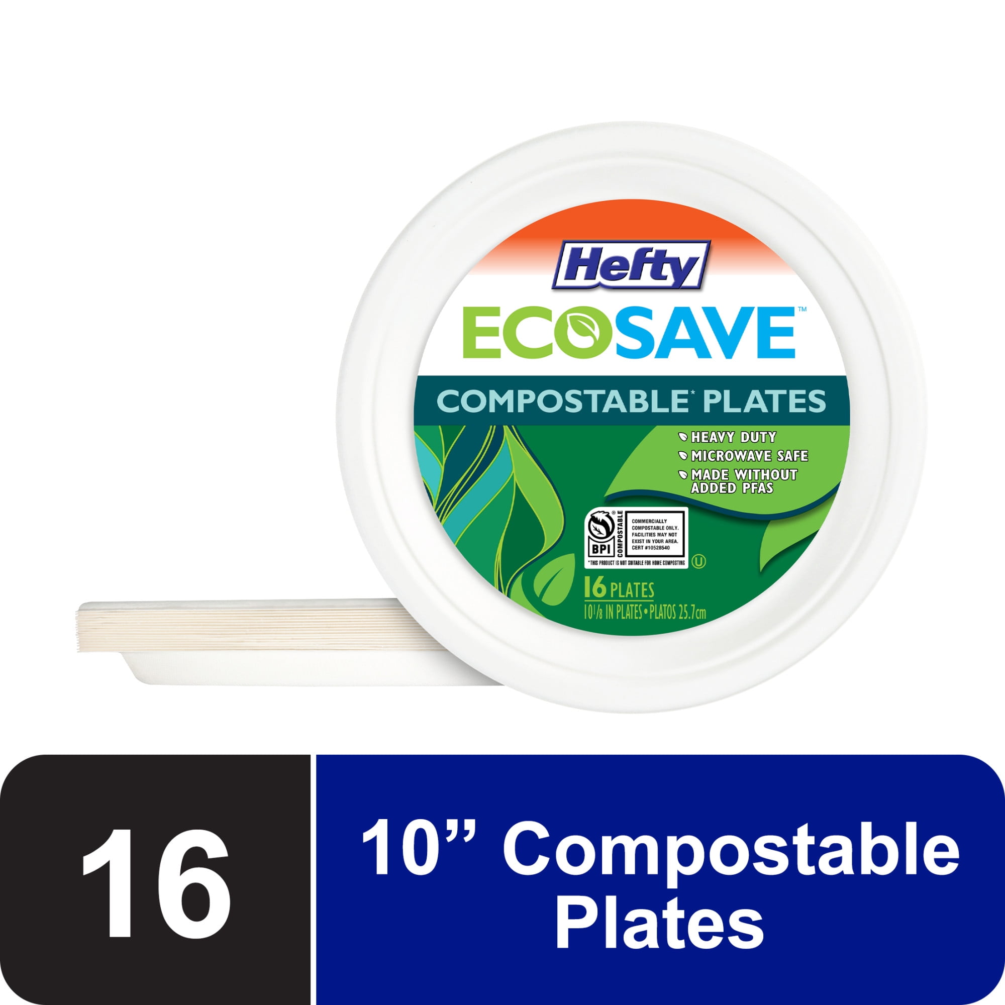 (4 pack) Hefty ECOSAVE Compostable Paper Plates, 10-1/8 Inch, 16 Count