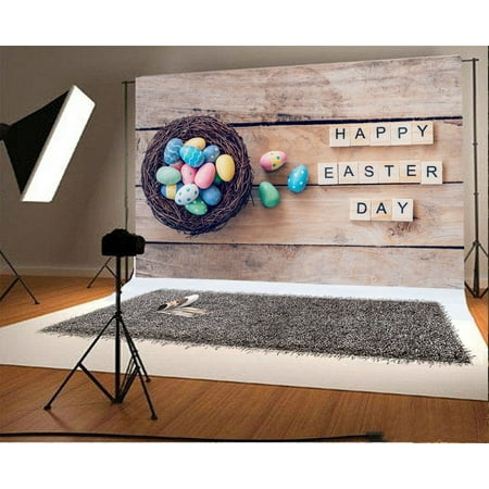 GreenDecor Polyester Fabric 7x5ft Photography Backdrop Happy Easter Day Bird Nest Painted Eggs Rustic Stripes Wood Plank Photo Background Children Baby Adults Portraits