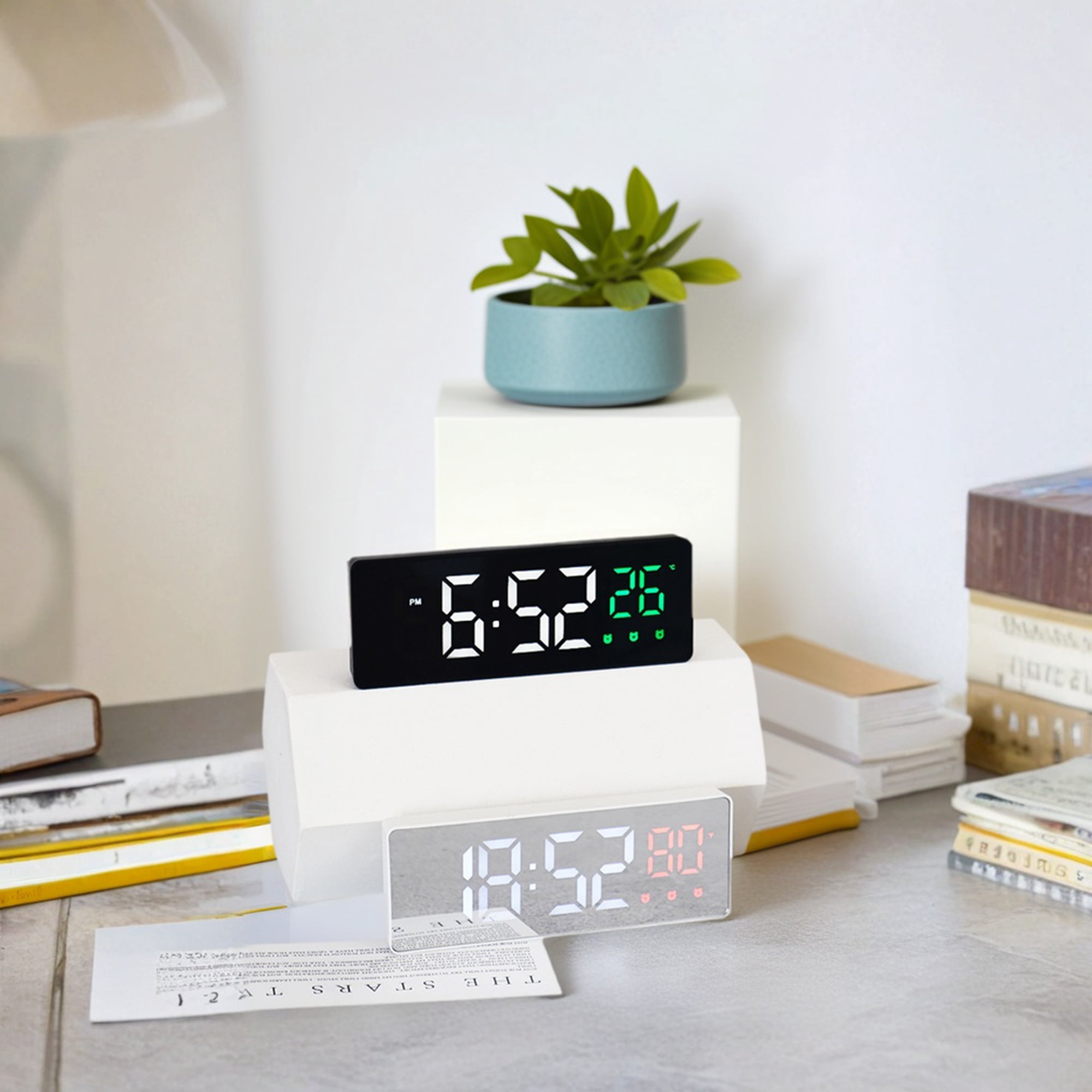 Unique Bargains 2 Pcs Triple Alarm Clock with Big Numbers Black Green/Black Red