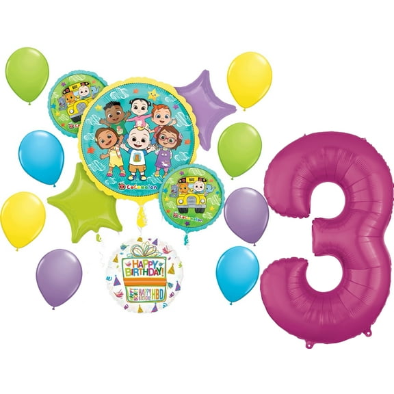CoComelon Party Supplies 3rd Birthday 15 pc Balloon Bouquet Decorations Pink Number 3