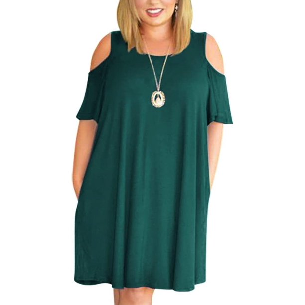 9xl Vestidos de mujer de gran tamaño Verano Sexy Fuera del hombro Manga corta Sólido Suelto Línea A Vestido Casual O-cuello Bolsillos Vestido P