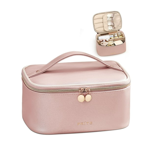 Bolsa de maquillaje Prite de gran capacidad impermeable con asa, color rosa