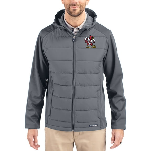 Men's Cutter & Buck Gray Louisville Cardinals Evoke Hybrid Eco Softshell Recycled Full Zip Hooded Jacket