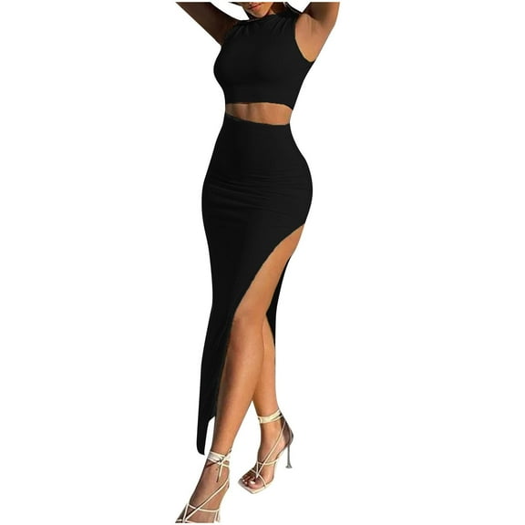 POIUYTR Women's Casual 2 Piece Outfit Crew Neck Sleeveless Crop Tank Top and Bodycon Side Slit Midi Skirt Dress Set