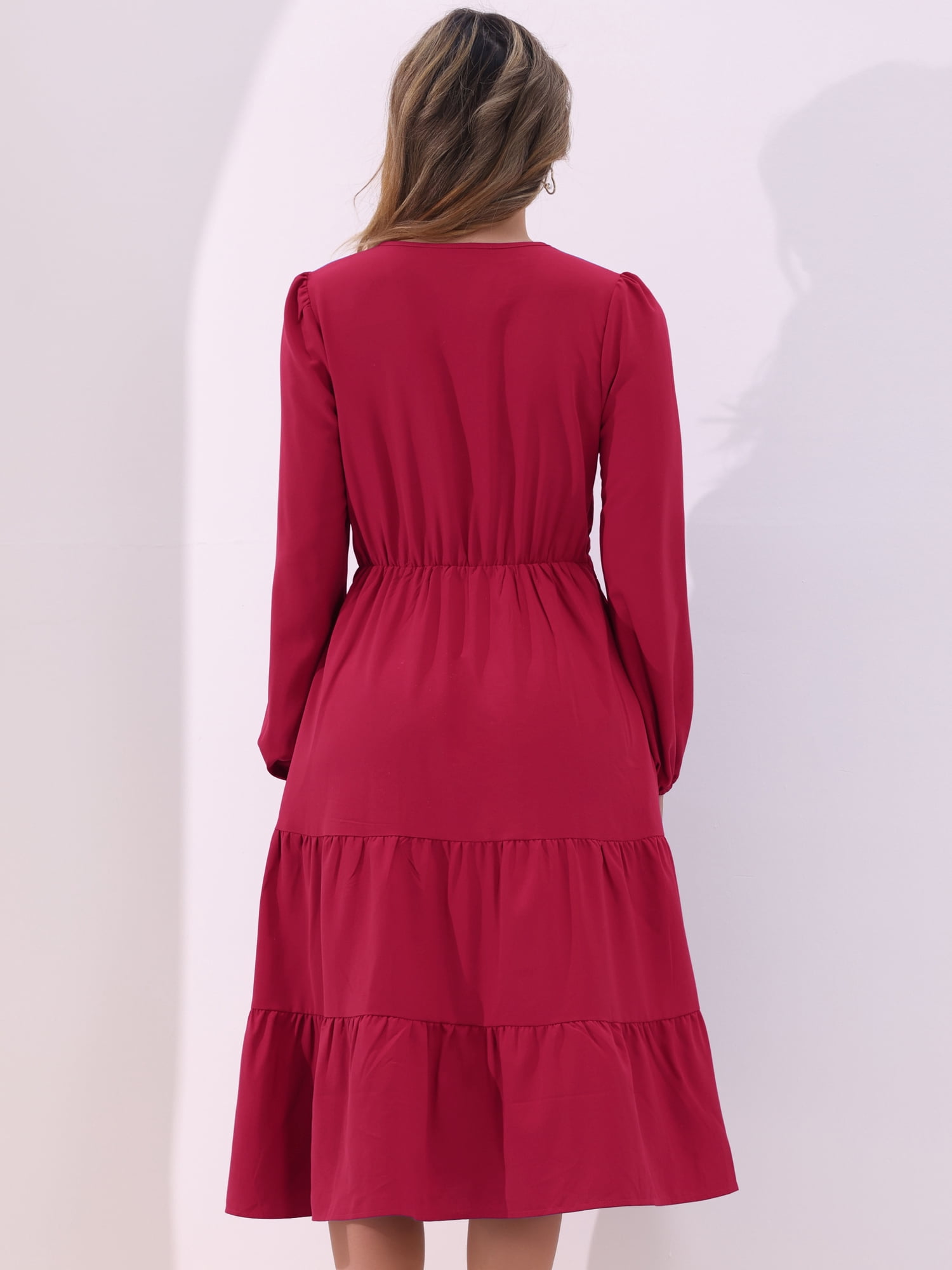 DARING DIVA V Neck Long Sleeve Ruffle Flowy Midi Dress M Dark Red