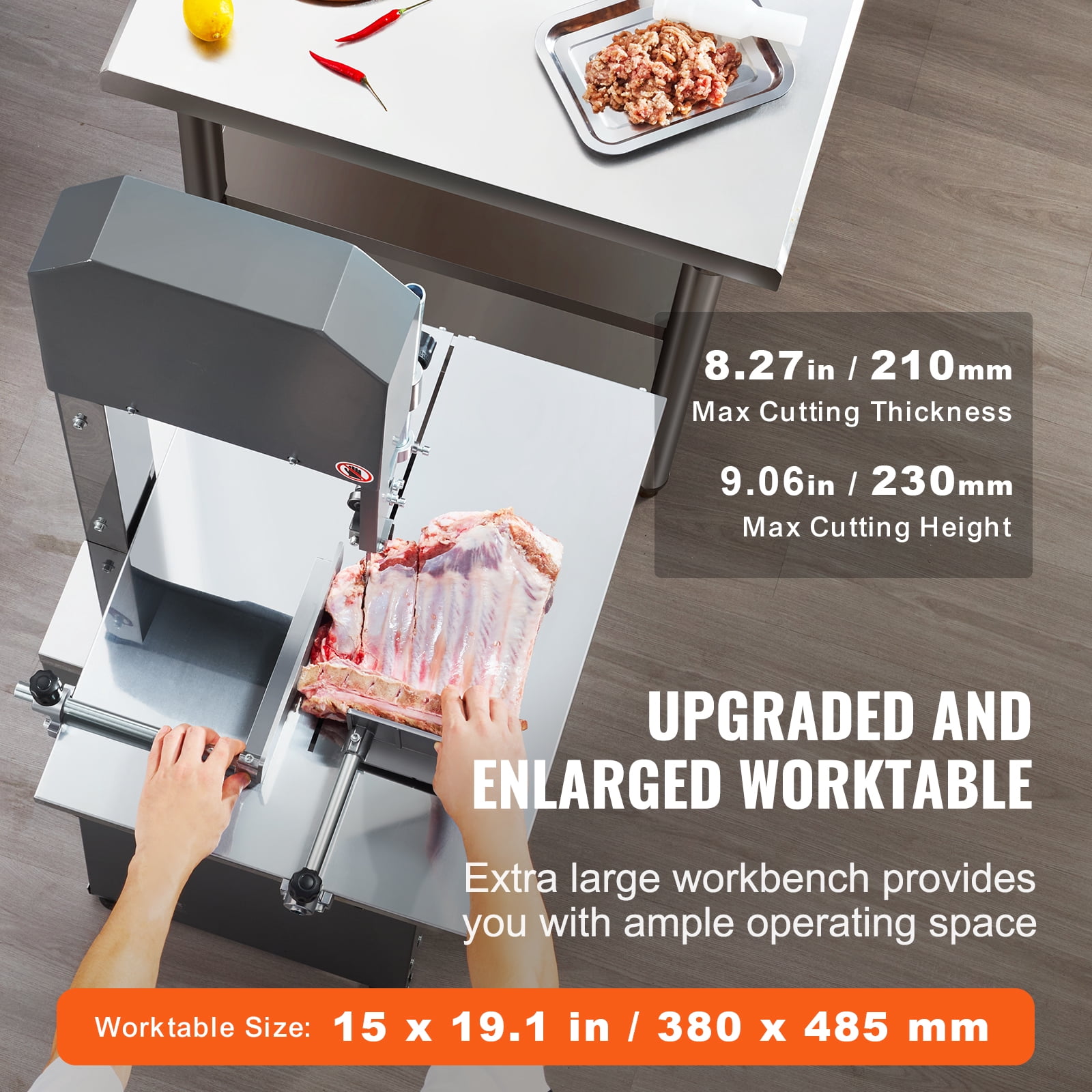 KFFKFF Electric Meat Saw, 850W Stainless Vertical Cutter, 19.1"x15" Table, Cuts 7.09" Thick, Ideal for Frozen Meat, Includes Blade for Ribs, Pork, Beef
