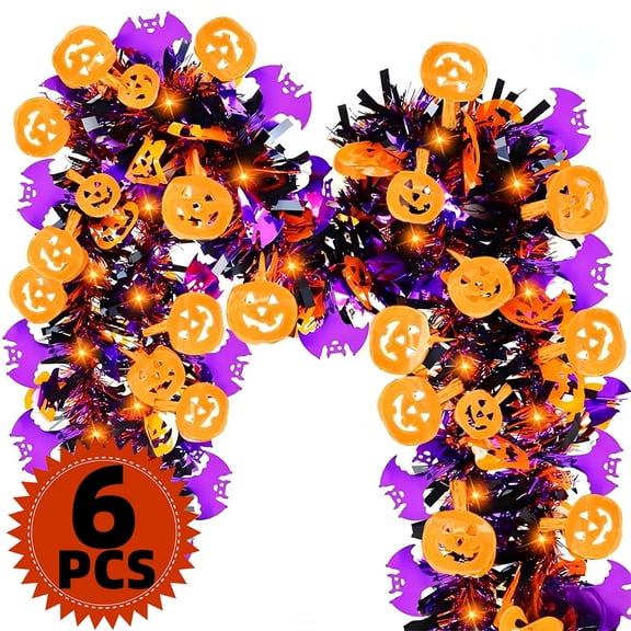 Halloween Tinsel Garland, Pumpkin Bat Spider Tinsel Garland for Indoor Outdoor Home Parade Float Decor, 6Pcs