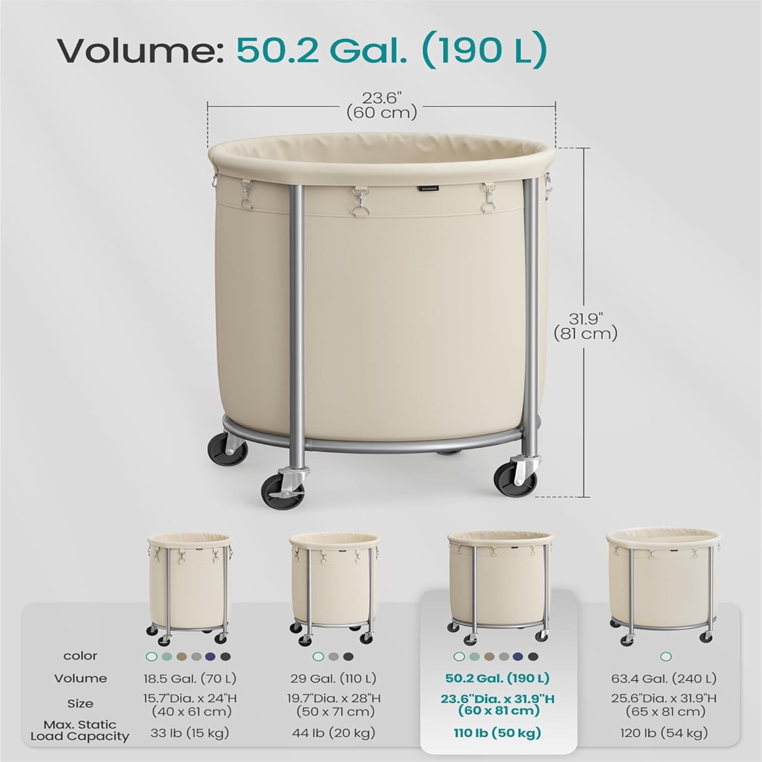 50.2-Gallon (190 L) Laundry Basket with Wheels, Rolling Round Heavy-Duty Laundry Hamper Cart with Steel Frame and Removable Bag, 2 Locking Wheels, Cream White and Metallic Silver