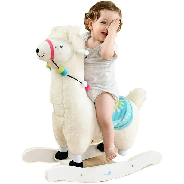 Cheval à bascule pour bébé Alpaga blanc Jouets à bascule en peluche pour  bébé, cheval d'équitation en bois en peluche pour garçon et fille de 1 à 3  ans, jouet à bascule