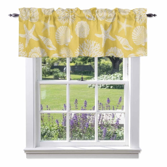 Summer Marine Life Valance Curtain Graffiti Corals Shell Conch Sea Starfish Yellow Window Valances Rod Pocket Short Curtains Window Treatments for Kitchen Bedroom Bathroom Laundry 60" x 18"