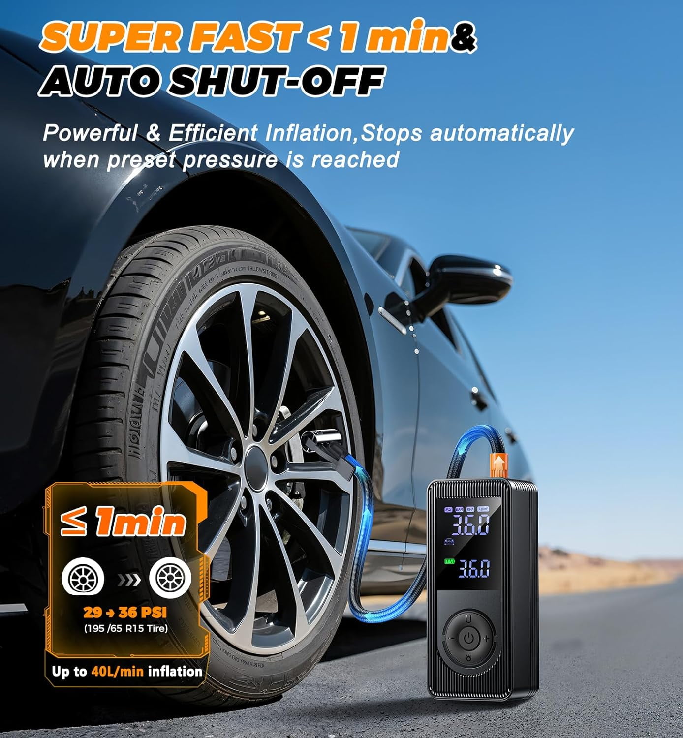 Tire Inflator Portable Air Compressor - 150 PSI 4X Fast Inflation Rechargeable Battery & 12V  Adapter Powered Air Pump for Car Bike Motorcycle Tires Balls with LCD Display, LED Light