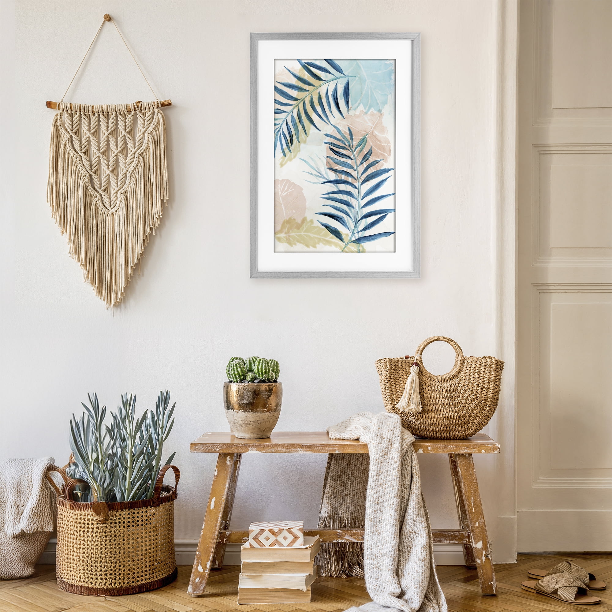 Stupell Industries Blue Palm Fronds in Pastel Haze Gray Framed Print Under Glass, design by Nan