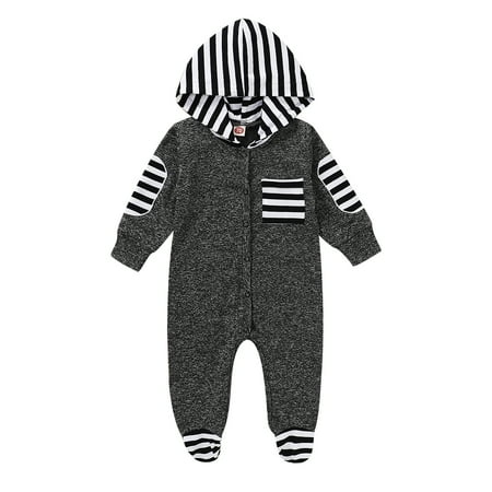 

NZRVAWS Newborn Baby Boys Romper Jumpsuit Onesies Bodysuit Long Sleeve Stripe Hooded Single Breasted Design Romper 9-12 Months Gray