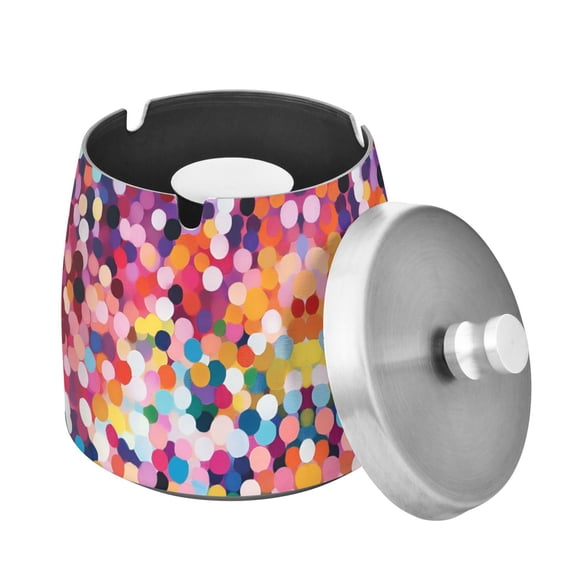 Yayeee Ashtray with Lid for Cigarette Smokeless Stainless Steel Home Ash Holder, Black Colorful Circles