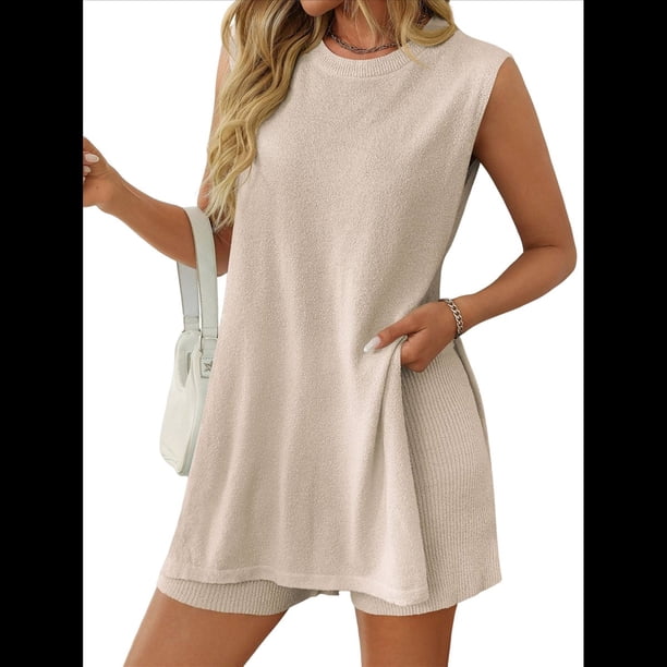 Conjunto de Dos Piezas de Suéter y Pantalones Cortos A Juego para Mujer, Ropa de Verano para Viajes y Vacaciones, Sin Mangas, de Punto. Albaricoque M