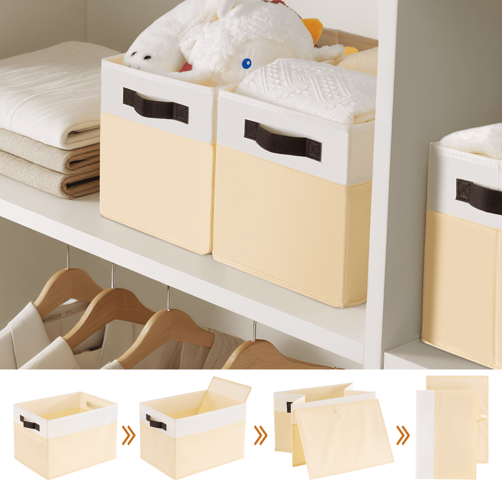 Criusia 6 Pack Large Cube Storage Bins for Shelves, Foldable Fabric Storage Cubes with Handles, Closet Organizers and Storage Bins for Clothes, Toys, Towels & Linen, Beige