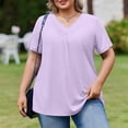 thumbnail image 2 of Trendy V Neck Pleated T Shirts for Women Plus Size Short Sleeve Tops Comfortable Soft Solid Color Loose Fit Curved Hem Dressy Summer Tees Light Purple XXL, 2 of 6