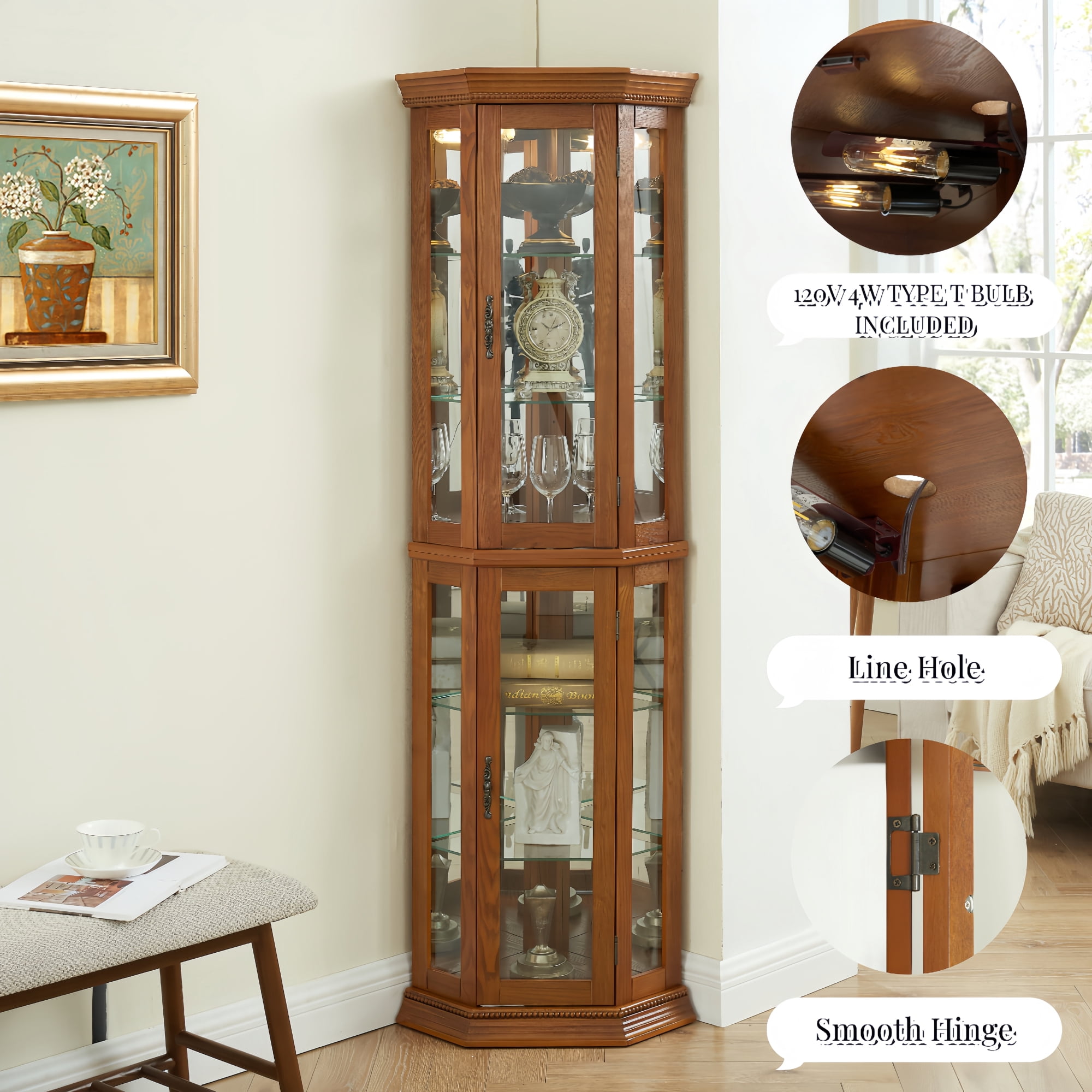 Leumius Corner Curio Display Cabinet, Glass Display Shelf Shelving Bar Cabinet with Tempered Glass Door, Bar Cabinet,Cabinet with Adjustable Shelf Glass Cabinet Shelves for Home Decor Oak