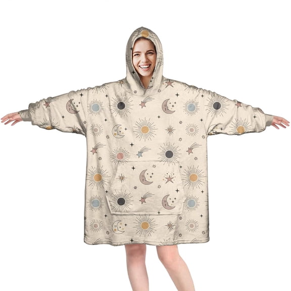 Wearable Oversized Blanket,Beige Sun Moon Star Comet Pattern Wearable Blanket Hoodie for Adults,Cozy Hooded Blankets with Super Pockets,Super Warm Fuzzy Pullover for Women & Men
