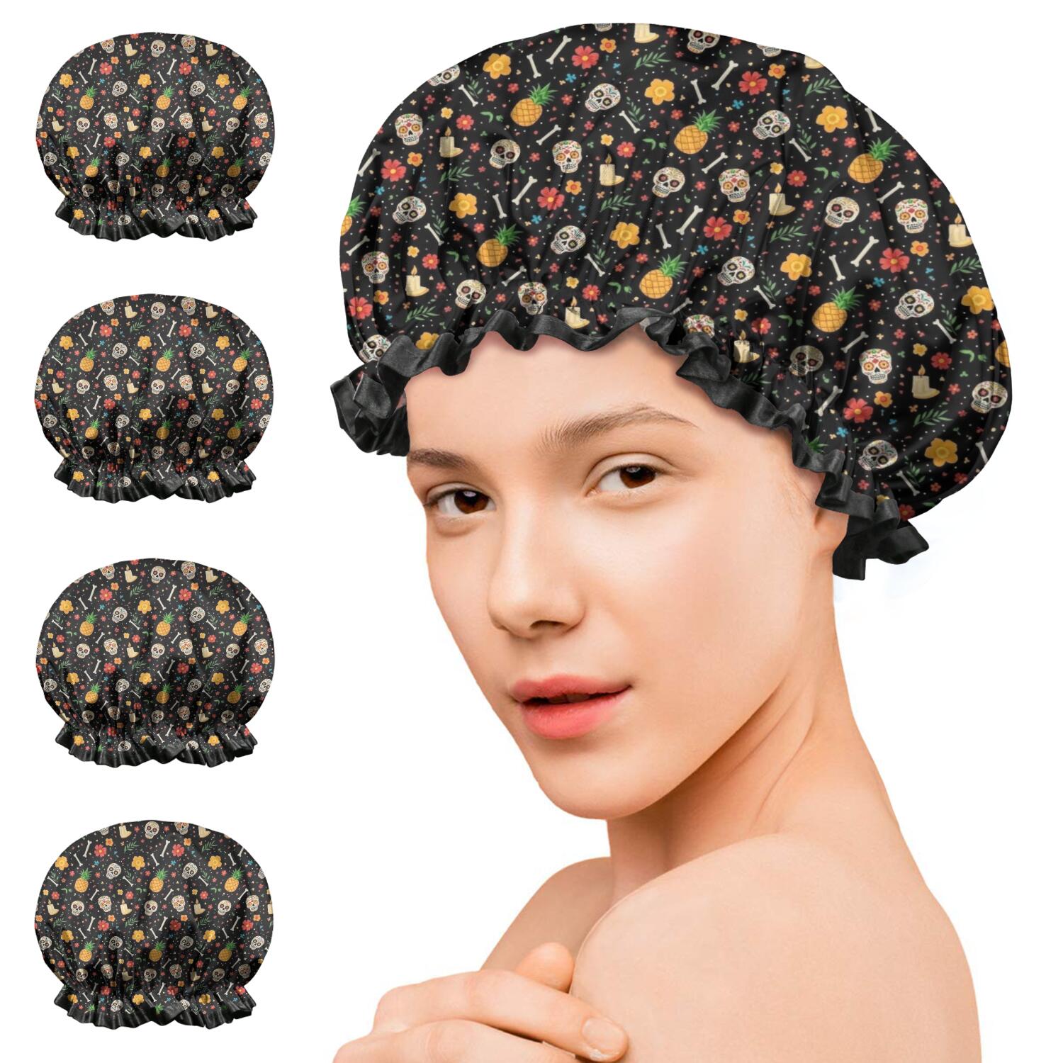 Shower Caps,Black Skull Pineapple Flower Pattern Waterproof Shower Cap for Women 4 Pieces,Double Reusable Hair Cover for Shower PEVA Elastic Stretch Hem