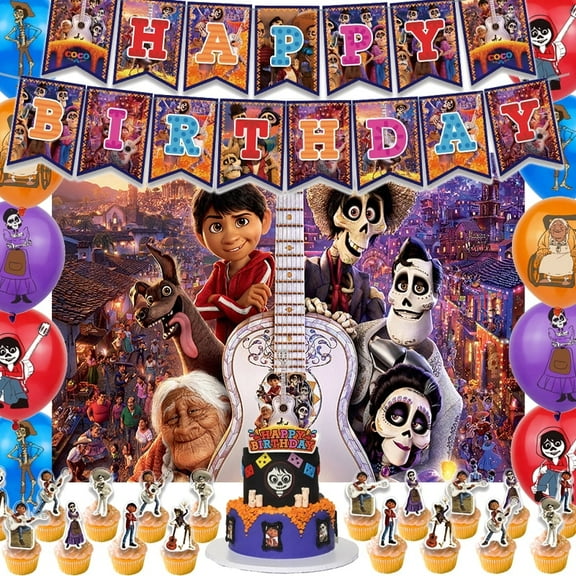43pieces of cartoon Coco Day of The Dead themed party supplies, including banners, balloons, cake toppers and backdrops. Perfect for a Mexican fiesta style Halloween party