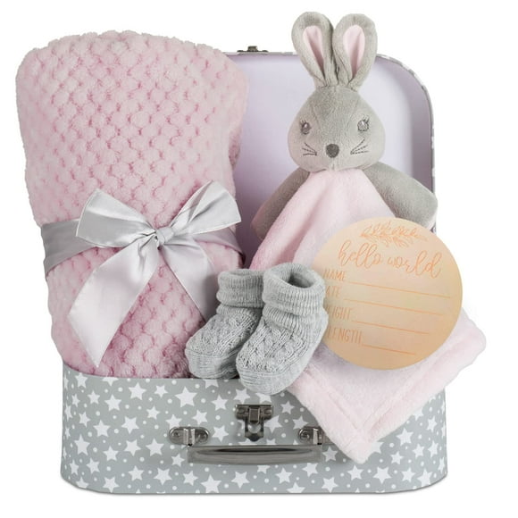 Baby Girl Gift Set New Born Baby Gift Baby Pink Bunny Security Blanket Soft Fleece, Suitcase Keepsake Box Blanket Booties & Baby Gift Basket - Unique Present Baby Shower & Newborn Lovey Welcome