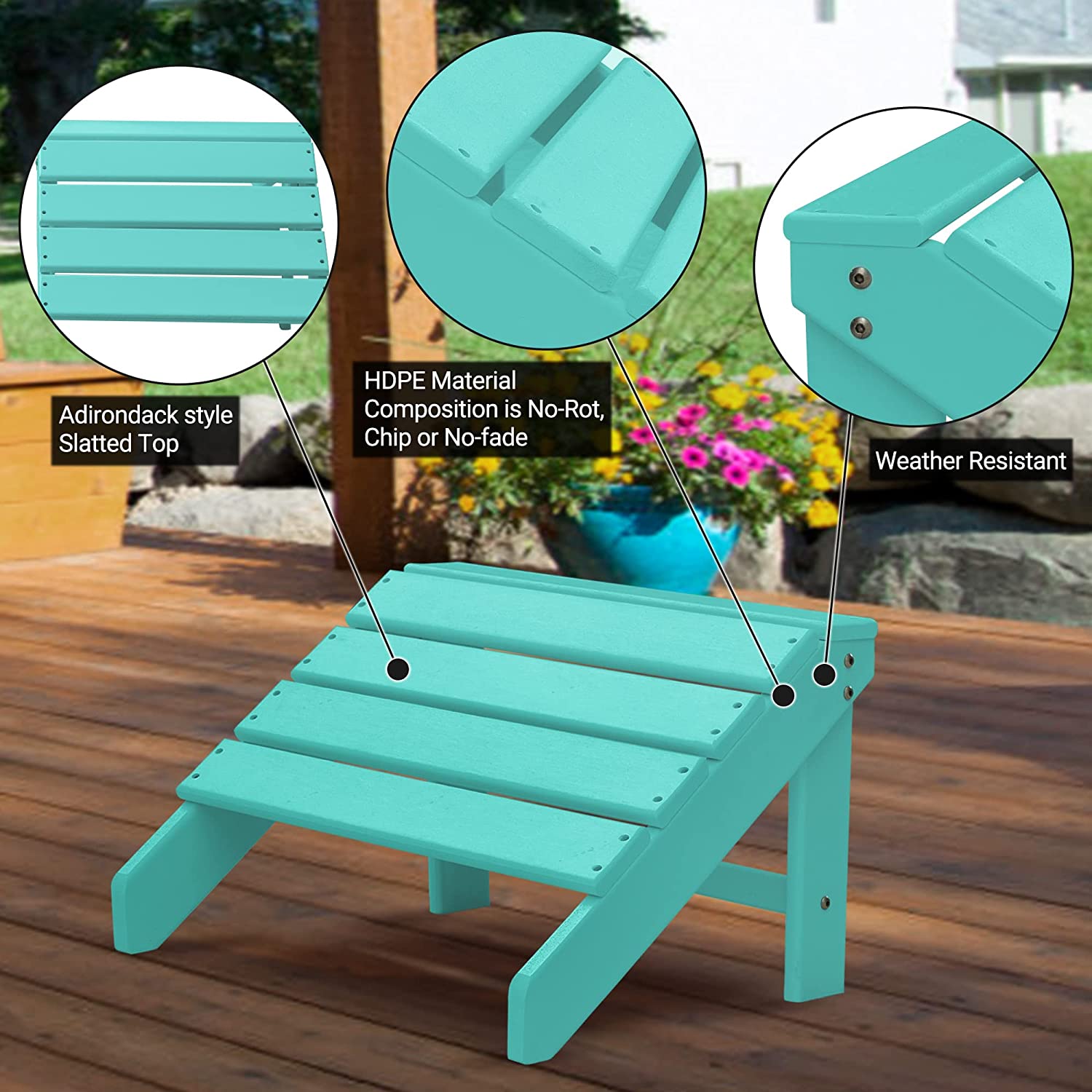 FHFO Adirondack Ottoman and Side Table for Adirondack Chairs, 2 Pieces Outdoor Adirondack Footrest & 1 Piece End Table, Weather Resistant Footstool Table for Adirondack Chair （Lake Blue） - image 2 of 5