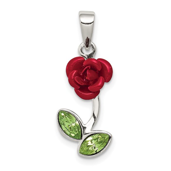 Sterling Silver Red Enamel w/Green CZ Rose Charm QC6206 (23mm x 10mm)