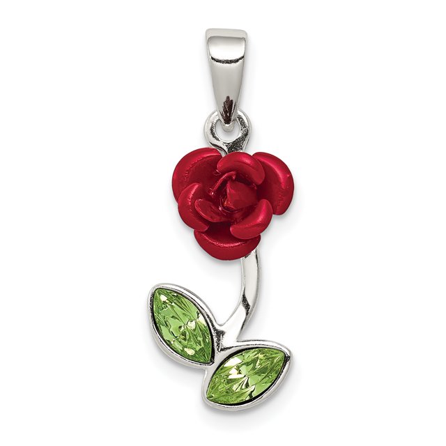 Argent Sterling Émail Rouge avec Breloque Rose Verte QC6206 (23mm x 10mm)