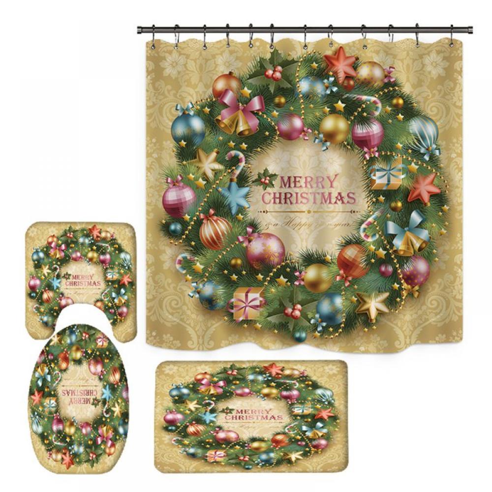 4Pcs/set Christmas Shower Curtain Bath Mat Toilet Cover Mat Rug