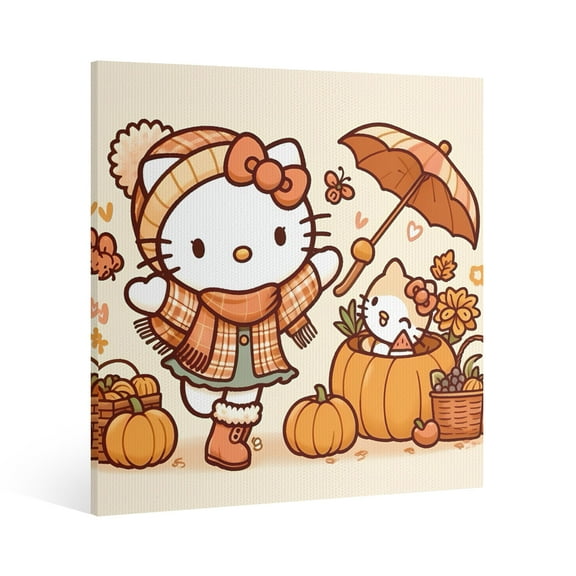 Hello Kitty Thanksgiving halloween Canvas Wall Art Cartoon Wall Decor | HD Printed & Wooden framed wall art | Modern Wall Decor for Gift | Kids Room Decor | Made in USA 8x8 Inch