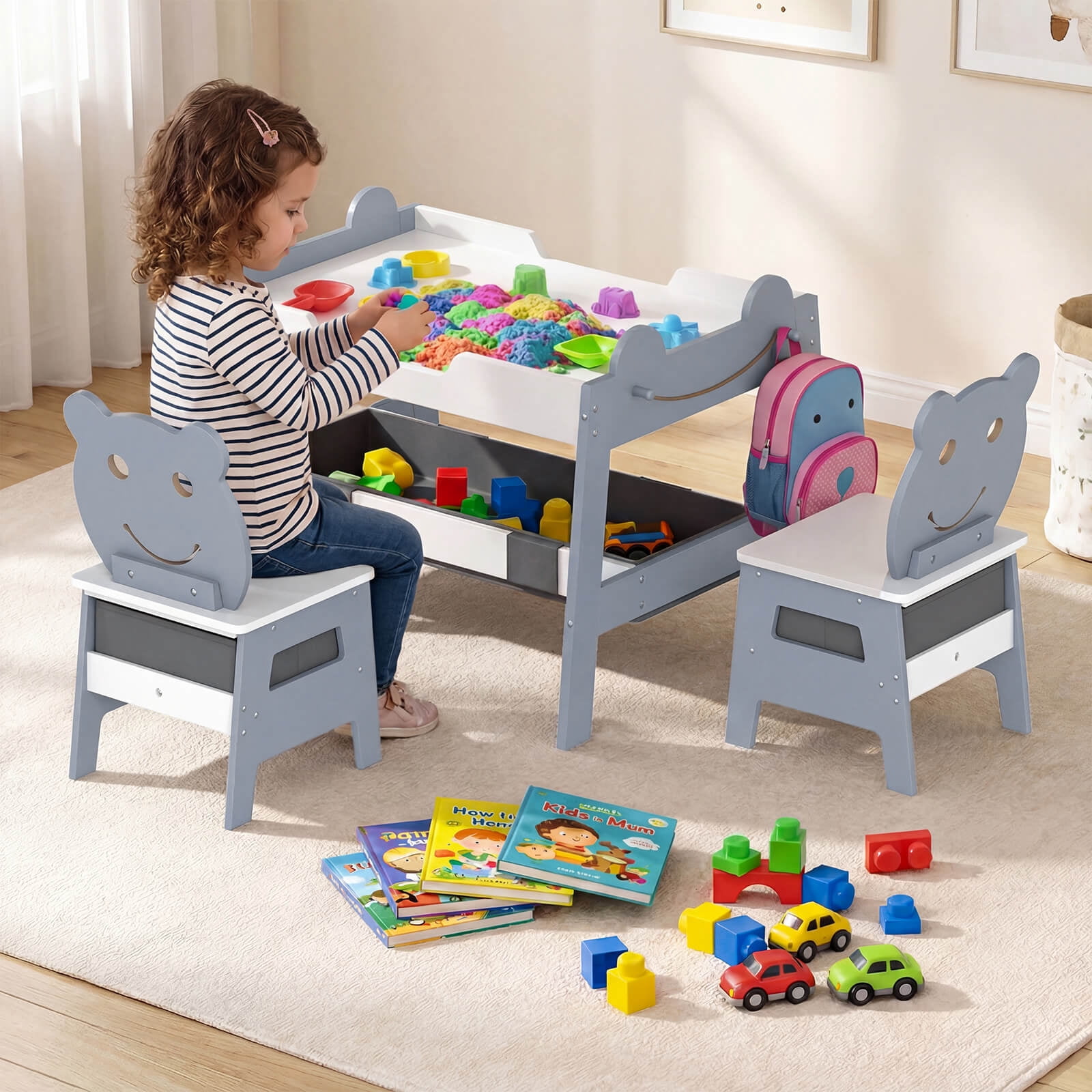 Costway 5-in-1 Kids' Table & Chair Set with Chalkboard, Whiteboard, 3 Storage Bins, 4 Hooks Gray + White