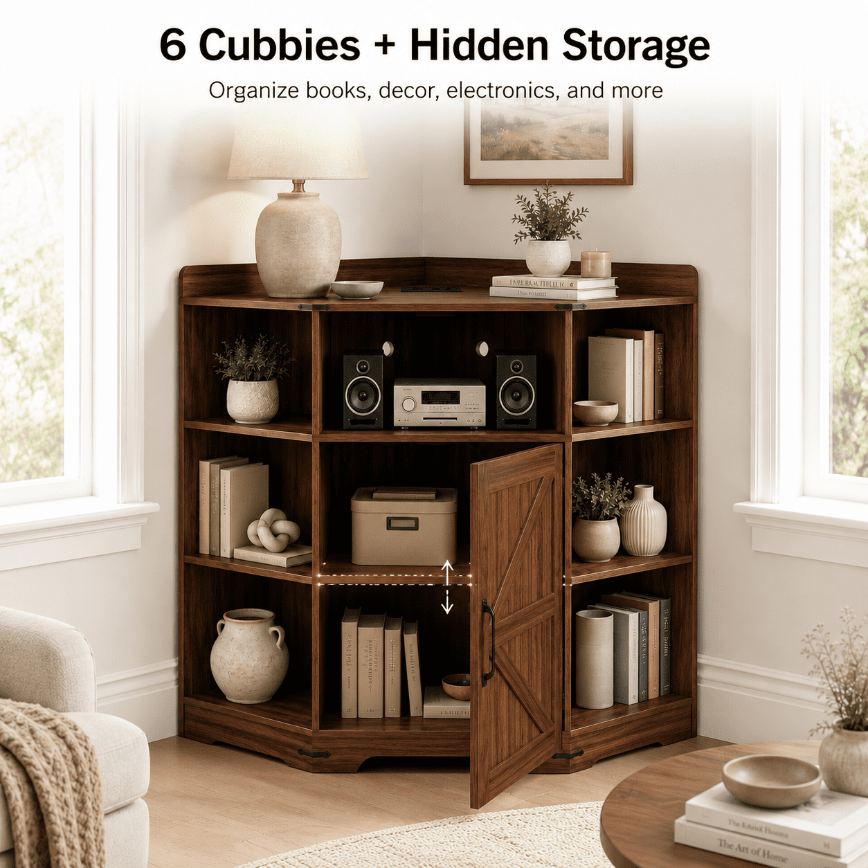Aukfa Corner Cabinet with Charging Station,3-Tier Storage Shelf with 6 Cubbies, Walnut