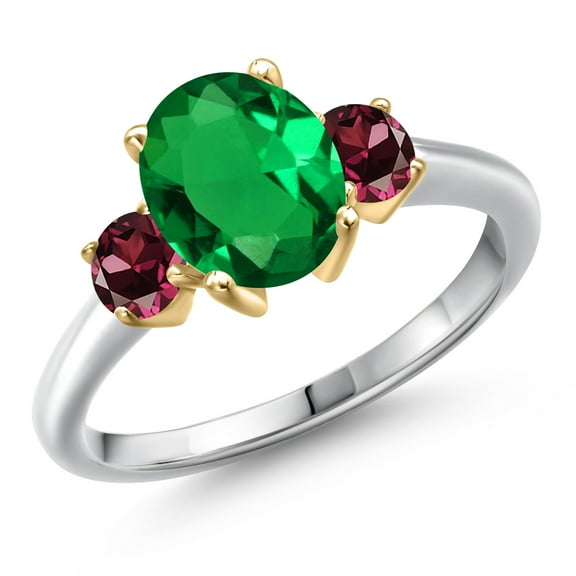 Gem Stone King 925 Silver and 10K Yellow Gold Green Nano Emerald and Red Rhodolite Garnet Engagement Ring for Women | 2.24 Cttw | Oval 9X7MM | Gemstone May Birthstone | Size 5