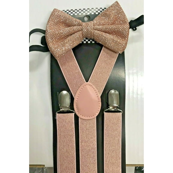 KCOOL Rose Gold Glitter Suspender Iridescent Men Bow Tie Set