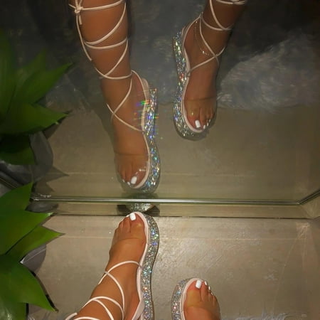 

Yoslce Sandals For Women Women S New Lace-Up Rhinestone Flat Beach Shoes