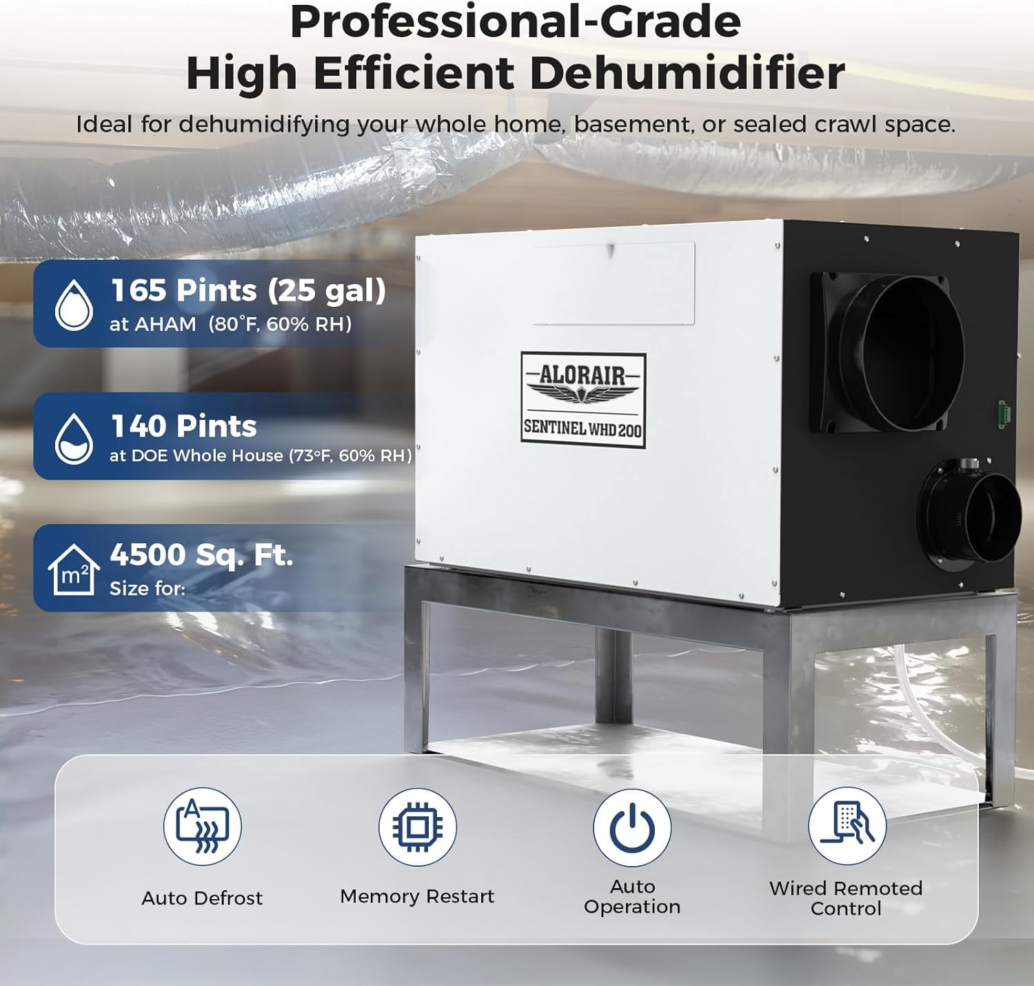ALORAIR Whole House Dehumidifier, 165 PPD Commercial Grade Whole Home Dehumidifiers for Home, Garages, Water Damage Restoration, 4500 Sq.Ft dehumidifiers for Crawl Space,SLGR Dehumidifiers