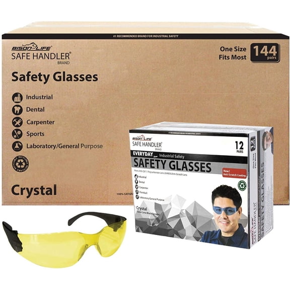 Safe Handler Crystal Yellow Lens Black Temple Safety Glasses For Men/Women (Pack of 144), One Size