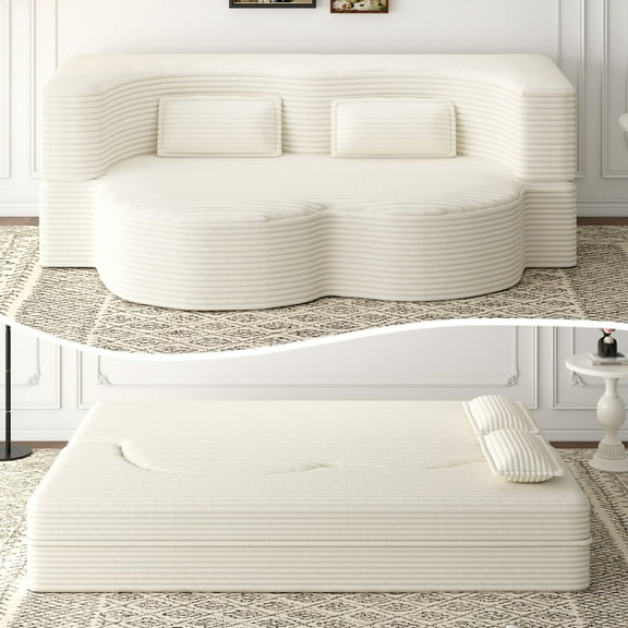 Vacmaster Convertible Loveseat Sofa Bed, 2-in-1 Boneless Floor Couch with Full Mattress, Plush Corduroy Fabric, No Assembly Required, Includes 2 Pillows for Living Room,Guestroom,Beige